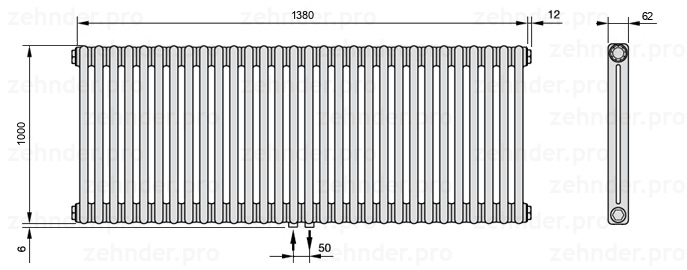 Схема (чертеж) Радиатор Zehnder Charleston 2100/30 №3470 Белый глянцевый RAL 9016